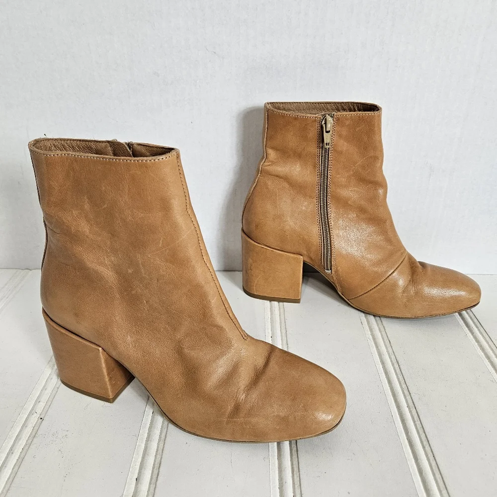 Free People Boots 39 Sienna Leather Square Toe Block Heel Cognac Brown Boho Chic